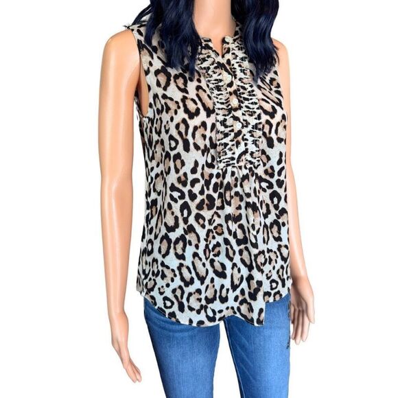 Loft Cheetah Print Ruffle Sleeveless Dressy Work Blouse - Picture 3 of 6